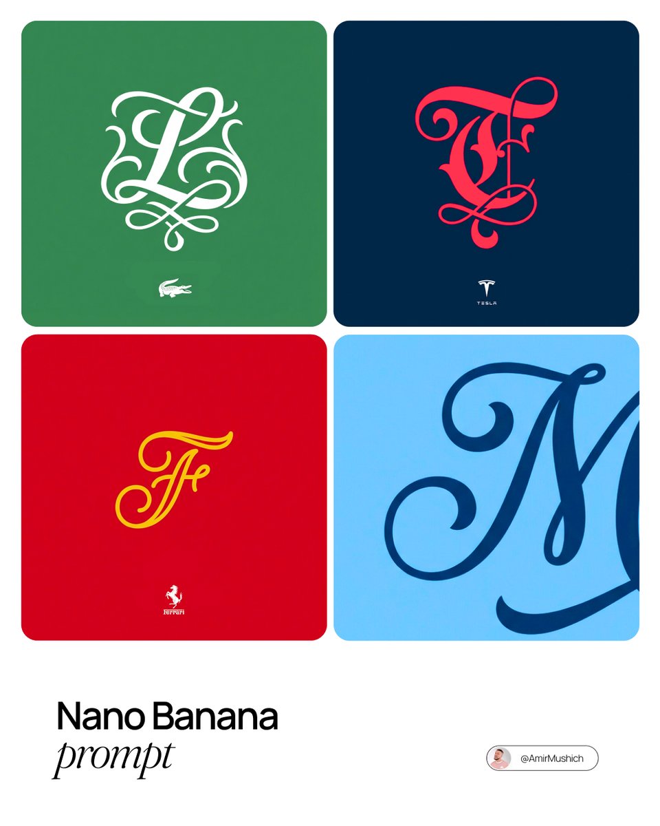 Elegant Script Logo Redesigns: Lacoste, Tesla, Ferrari Nano Banana提示词
