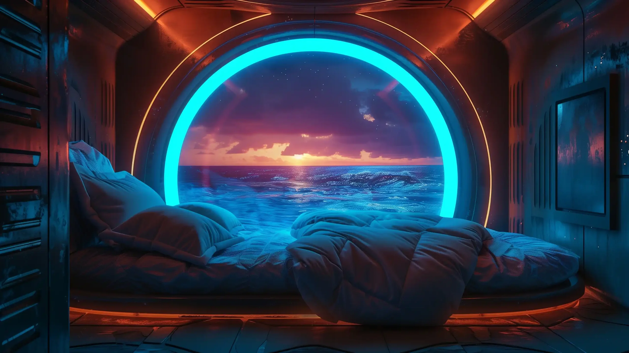 Neon Sea Sleep Capsule Midjourney提示词