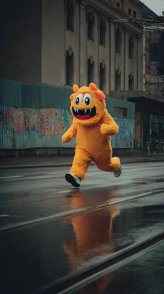 Monster Mascot Running Rain Midjourney提示词