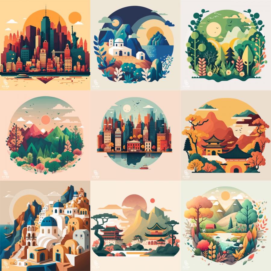森系手绘小清新创意山水风景城市建筑元素插画图案AI矢量设计素材