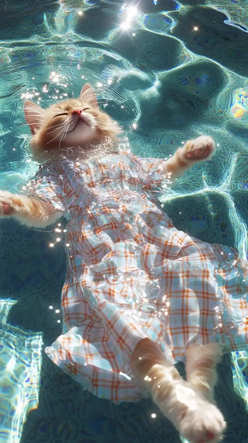 Floating Cat in Pool Midjourney提示词