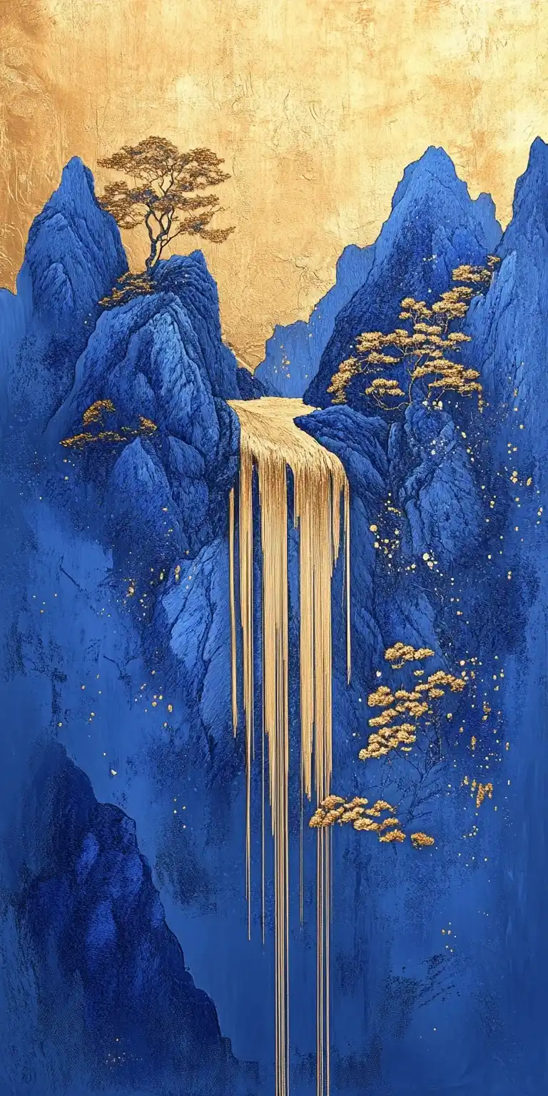 Klein Blue Golden Waterfall Midjourney提示词
