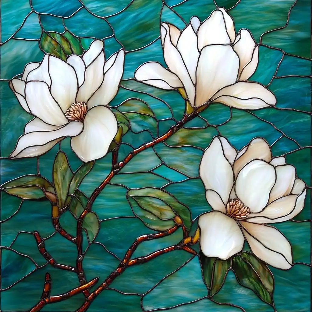 Stained Glass Magnolia Flowers Midjourney提示词