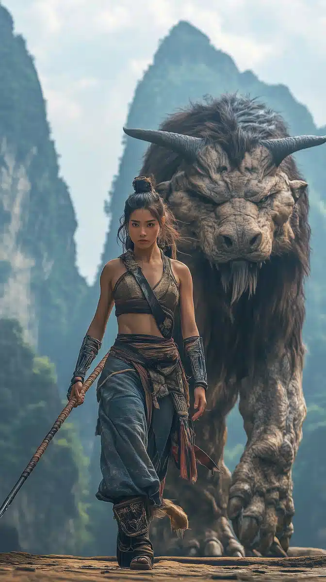 Warrior Woman with Qilin Midjourney提示词