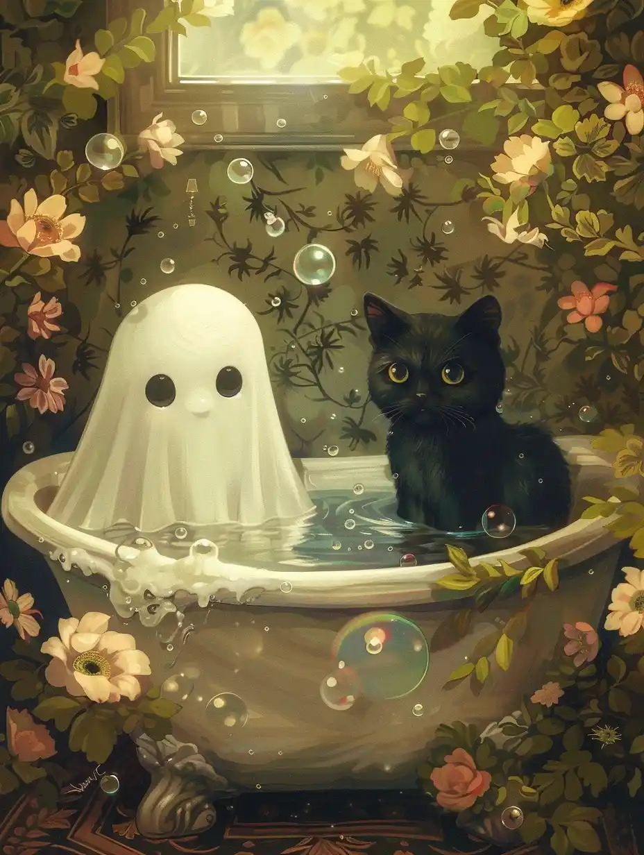 Vintage Ghost and Cat Midjourney提示词