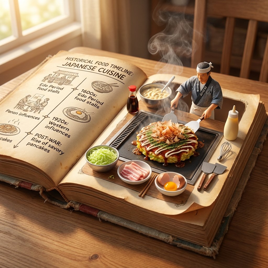 Japanese Cuisine: Miniature Okonomiyaki & Food History Nano Banana提示词