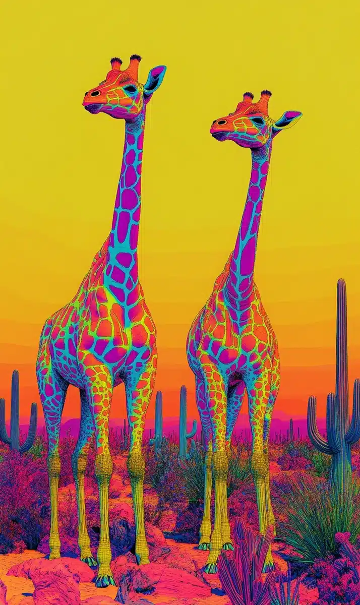 Psychedelic Giraffes in Desert Midjourney提示词