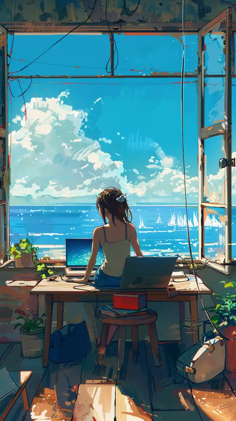 Seaside Anime Desk Doodle Midjourney提示词