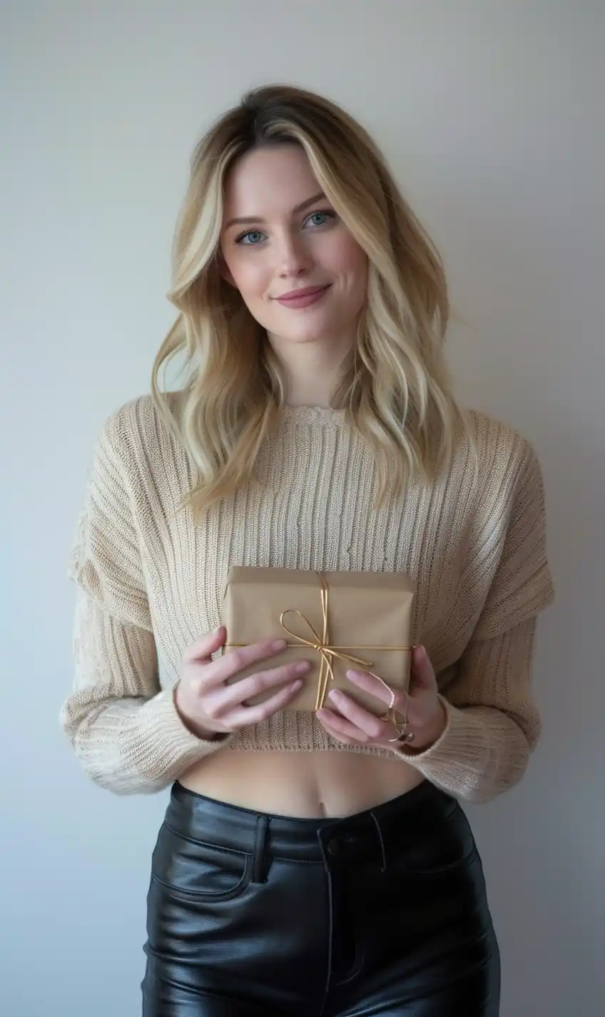 Blonde Woman with Gift Midjourney提示词