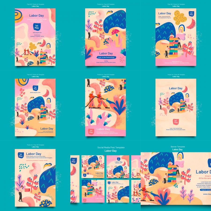 五一劳动节 节日扁平化创意手绘插画海报工人劳作psd分层素材模板