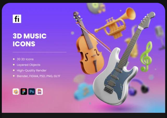 30 3D Musical Elements Icons