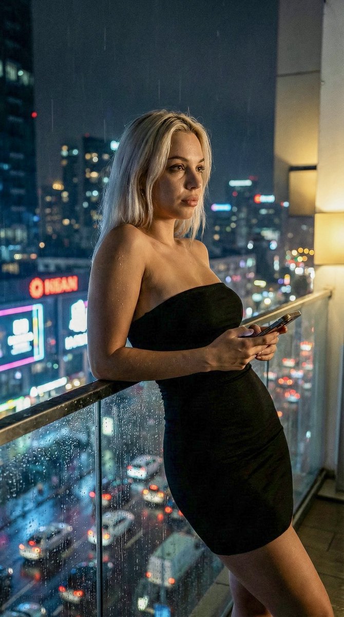 Blonde Woman on Rainy City Balcony | Moody Urban Portrait Nano Banana提示词
