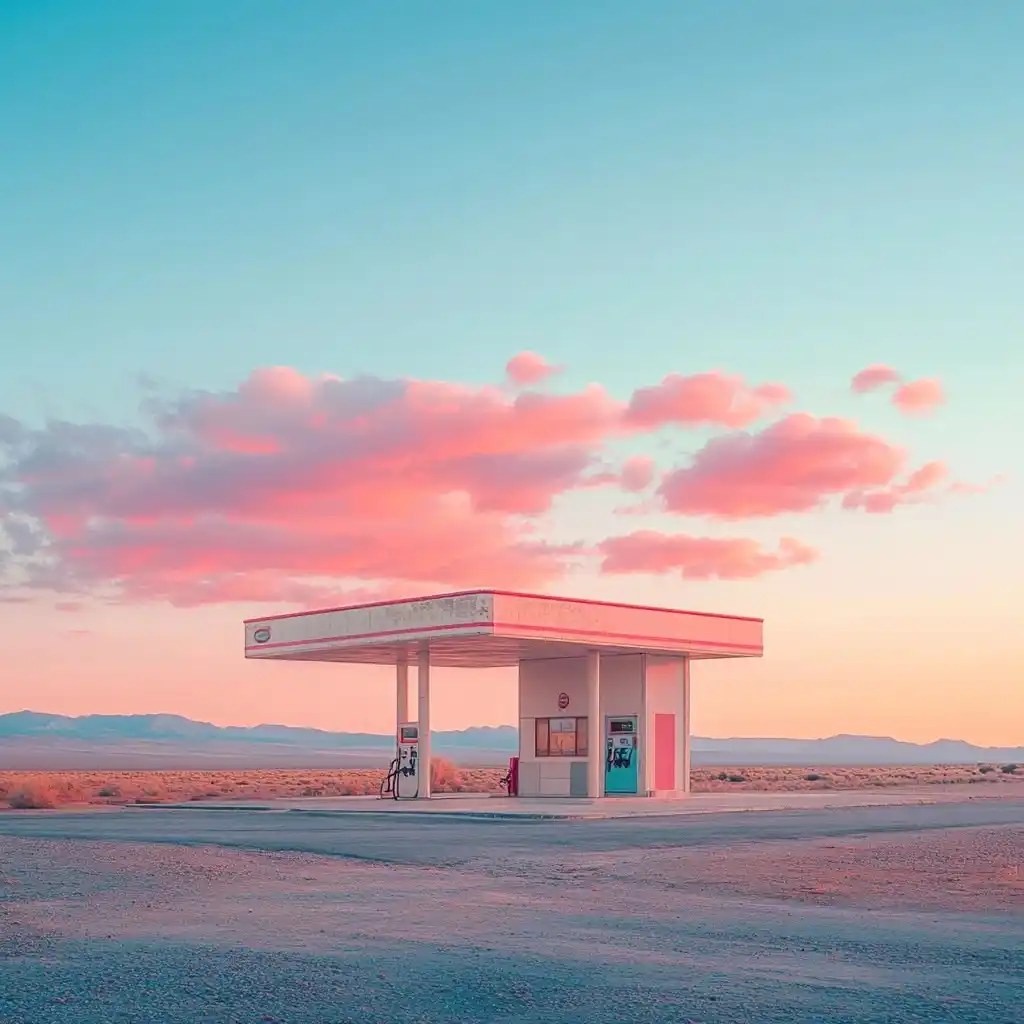 Minimalist Gas Station Sunset Midjourney提示词