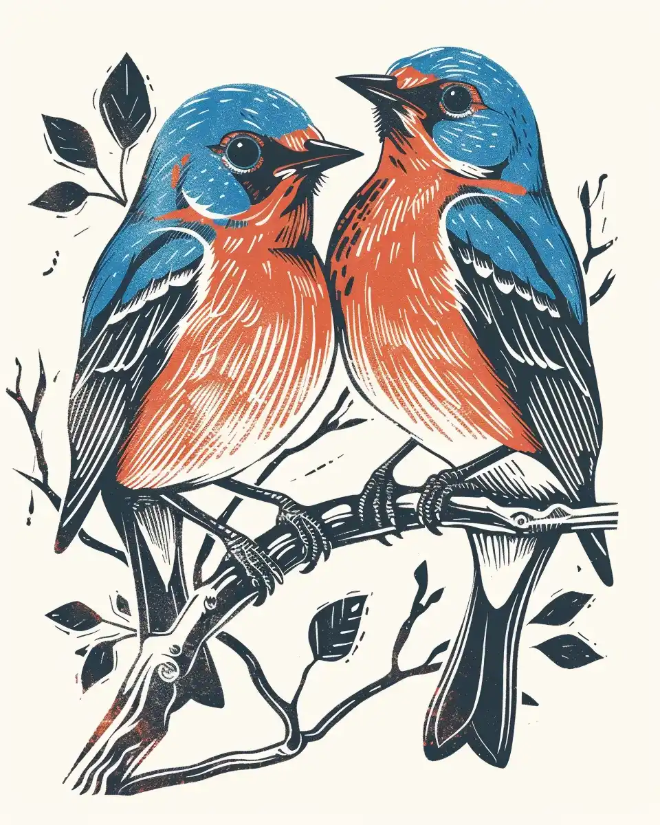 Linocut Bluebirds on White Midjourney提示词