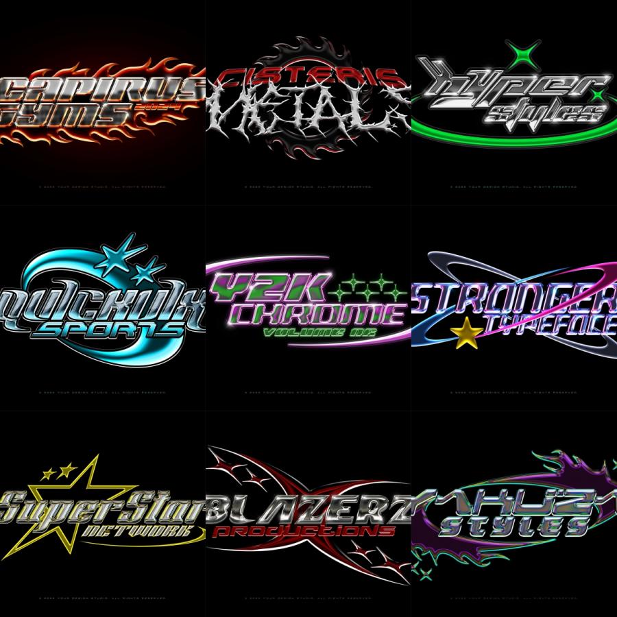 金属质感复古酸性Y2K立体3D炫酷LOGO文字PSD字体特效样机设计模板