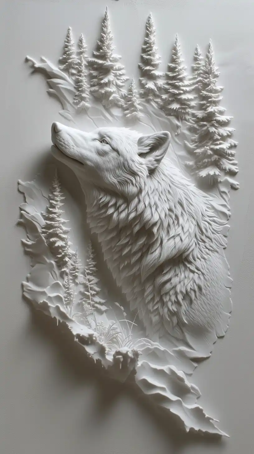 Bas-Relief Wolf in Forest Midjourney提示词