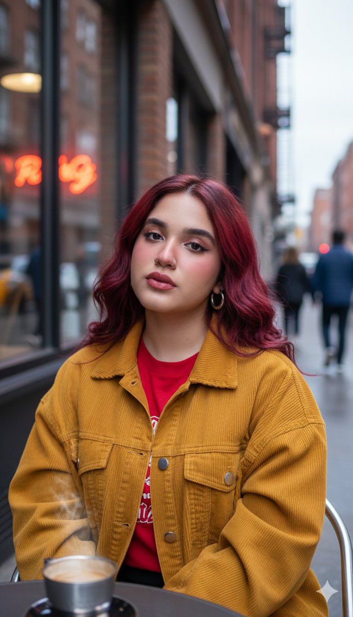 Urban Cafe Portrait: Red-Haired Woman with Coffee Nano Banana提示词