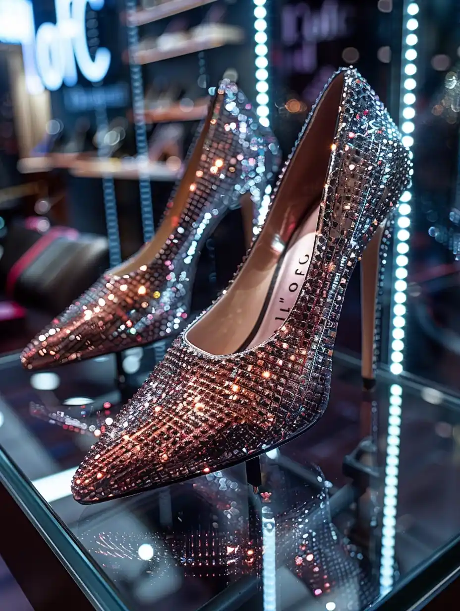 Metallic Spiked Heels Display Midjourney提示词