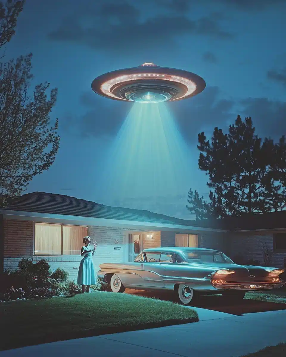 UFO Abducting Housewife Pastel Midjourney提示词