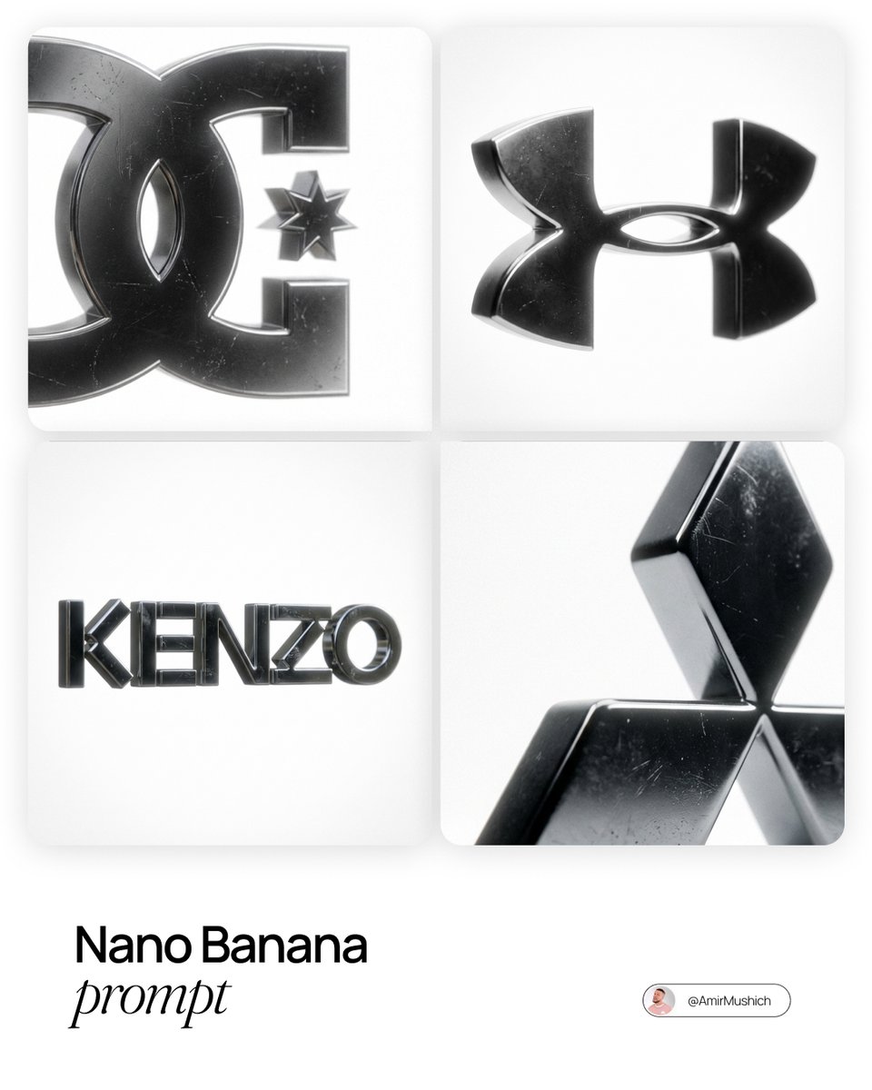 3D Metallic Brand Logos: DC, Under Armour, Kenzo, Mitsubishi Nano Banana提示词
