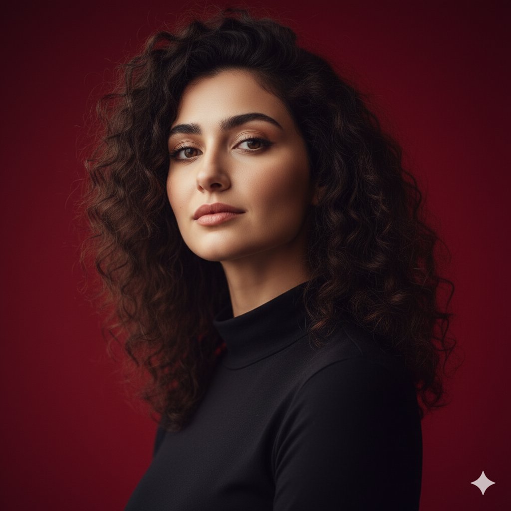 Photorealistic Portrait: Elegant Woman, Curly Hair, Turtleneck Nano Banana提示词