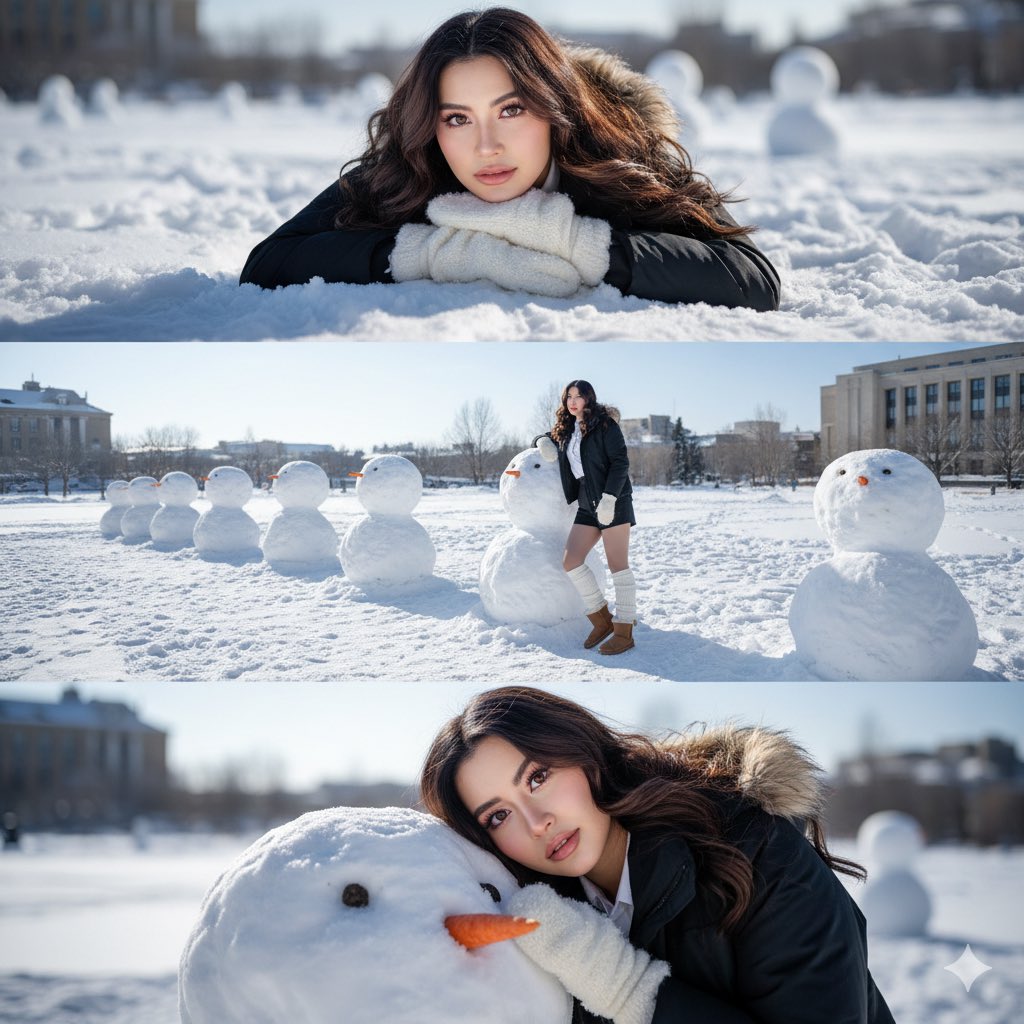 Winter Portrait: Woman & Snowmen in Sunny Snowy Landscape Nano Banana提示词