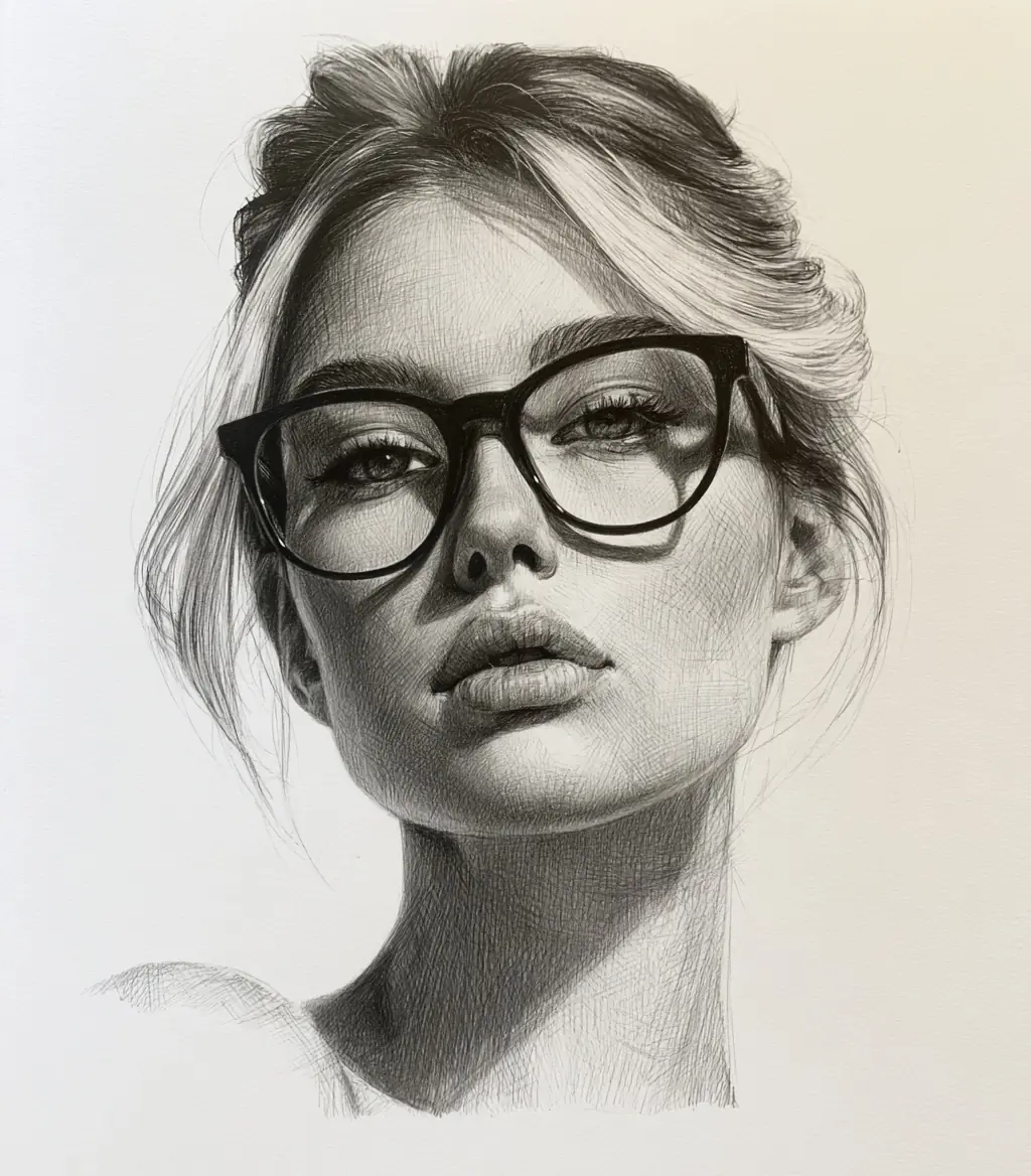 Graphite Female Glasses Portrait Midjourney提示词