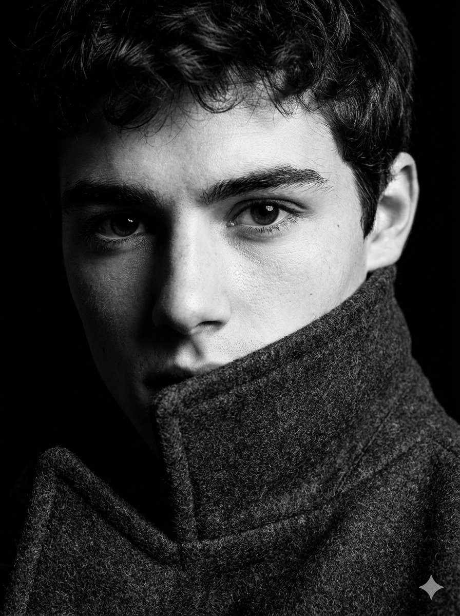 Intense Black and White Male Portrait - Dramatic Lighting Nano Banana提示词