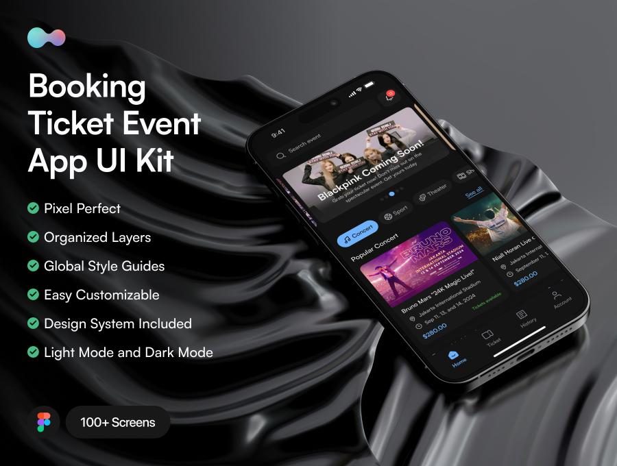 Booking Ticket Event App - UI Kit 100+屏幕预订门票活动App - UI工具包