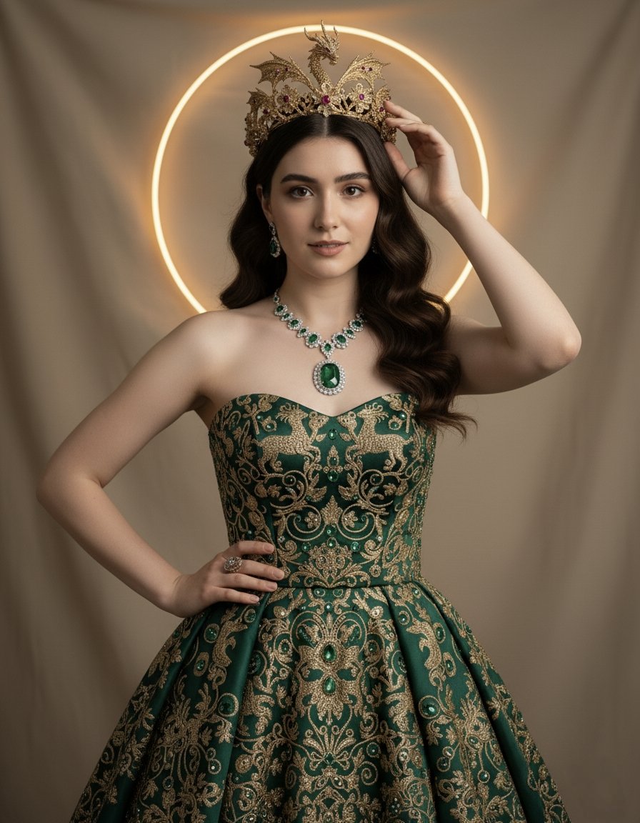Regal Woman in Emerald Green Gown & Dragon Crown Portrait Nano Banana提示词