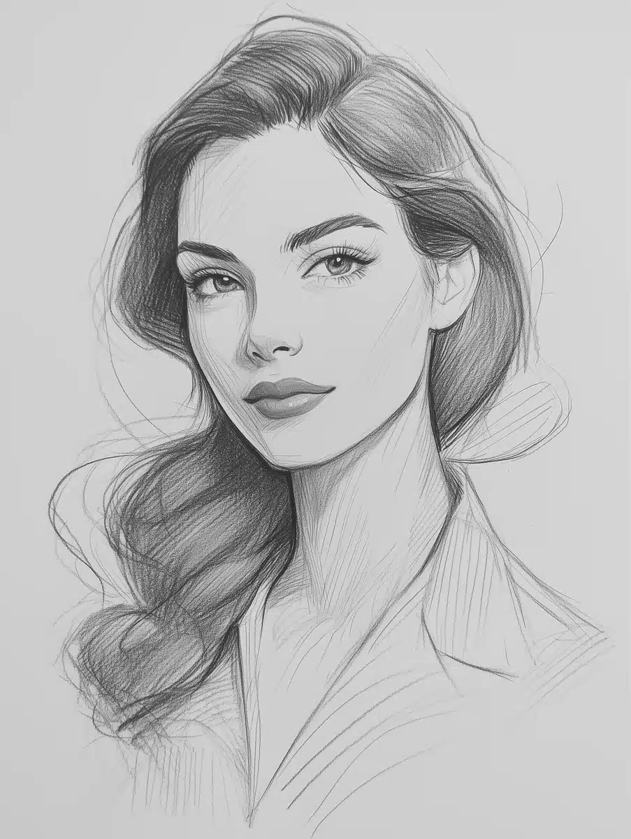 Elegant Woman Pencil Sketch Midjourney提示词