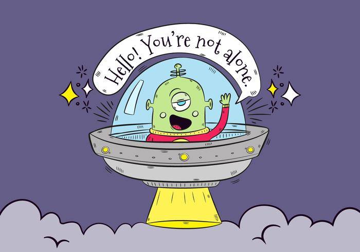 手绘绿色外星人与火箭说你好与讲话泡泡