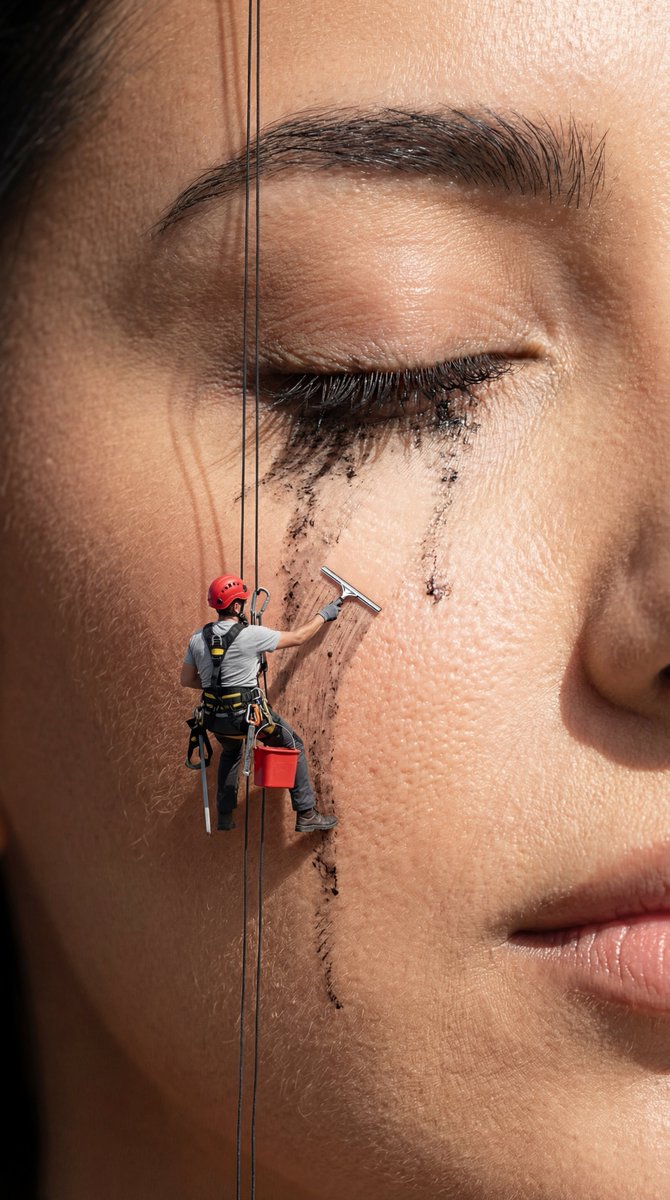 Conceptual Photo: Woman's Mascara Cleaned by Mini Worker Nano Banana提示词
