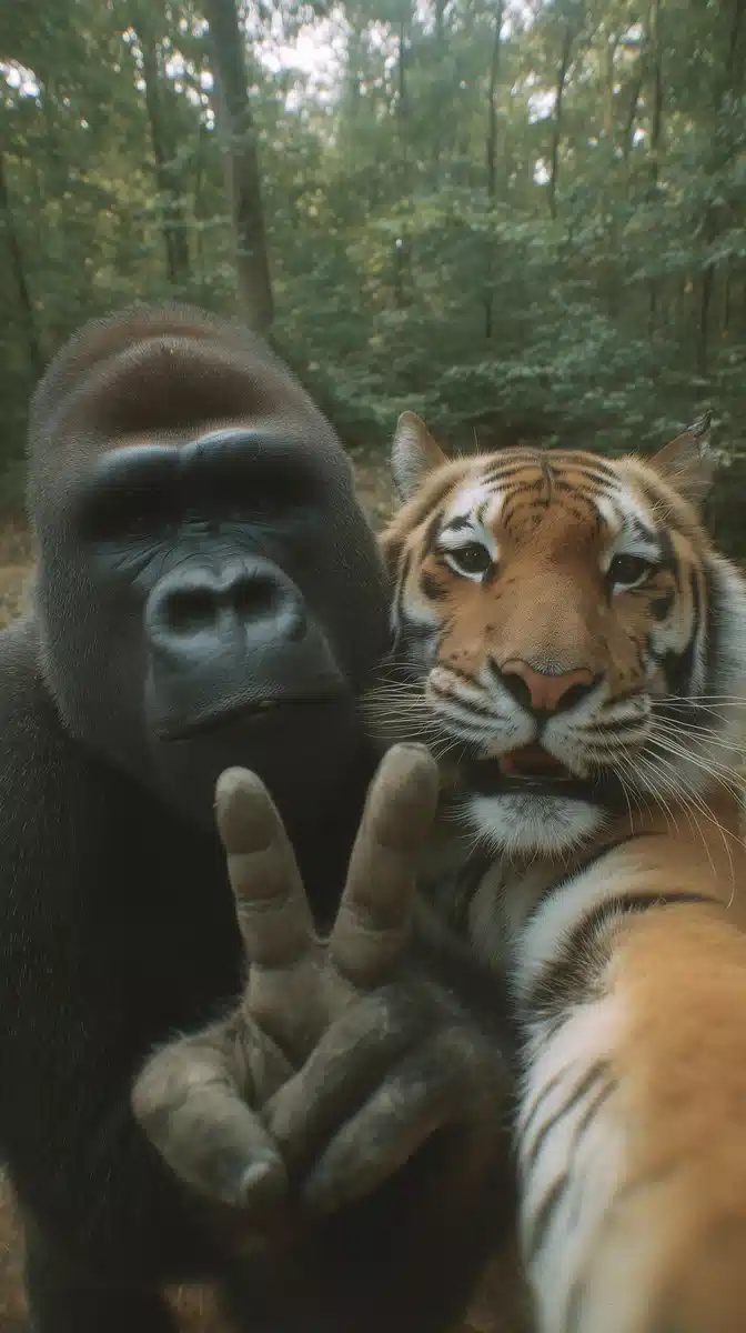 Gorilla and Tiger Peace Sign Midjourney提示词