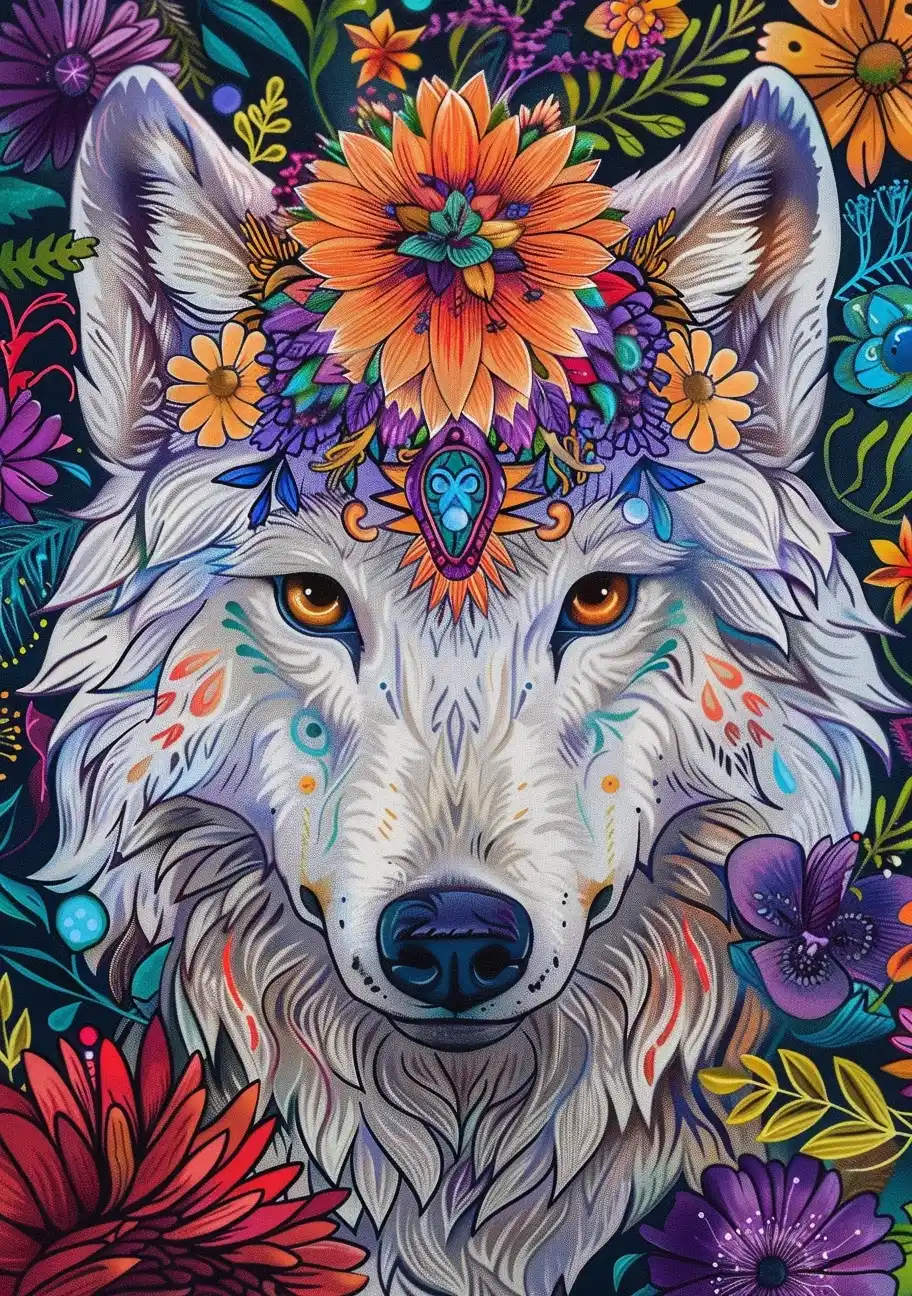 Colorful Wolf with Flowers Midjourney提示词