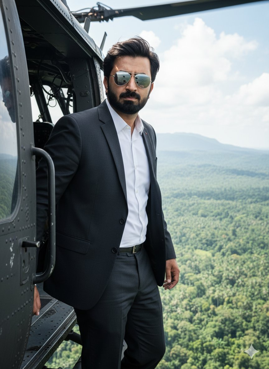 Confident Man in Suit by Helicopter | Outdoor Portrait Nano Banana提示词