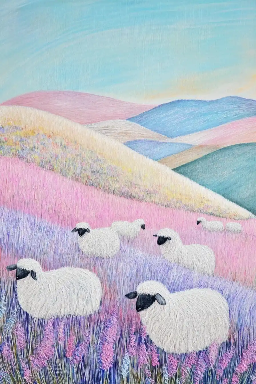 Pastel Hills with Sheep Midjourney提示词