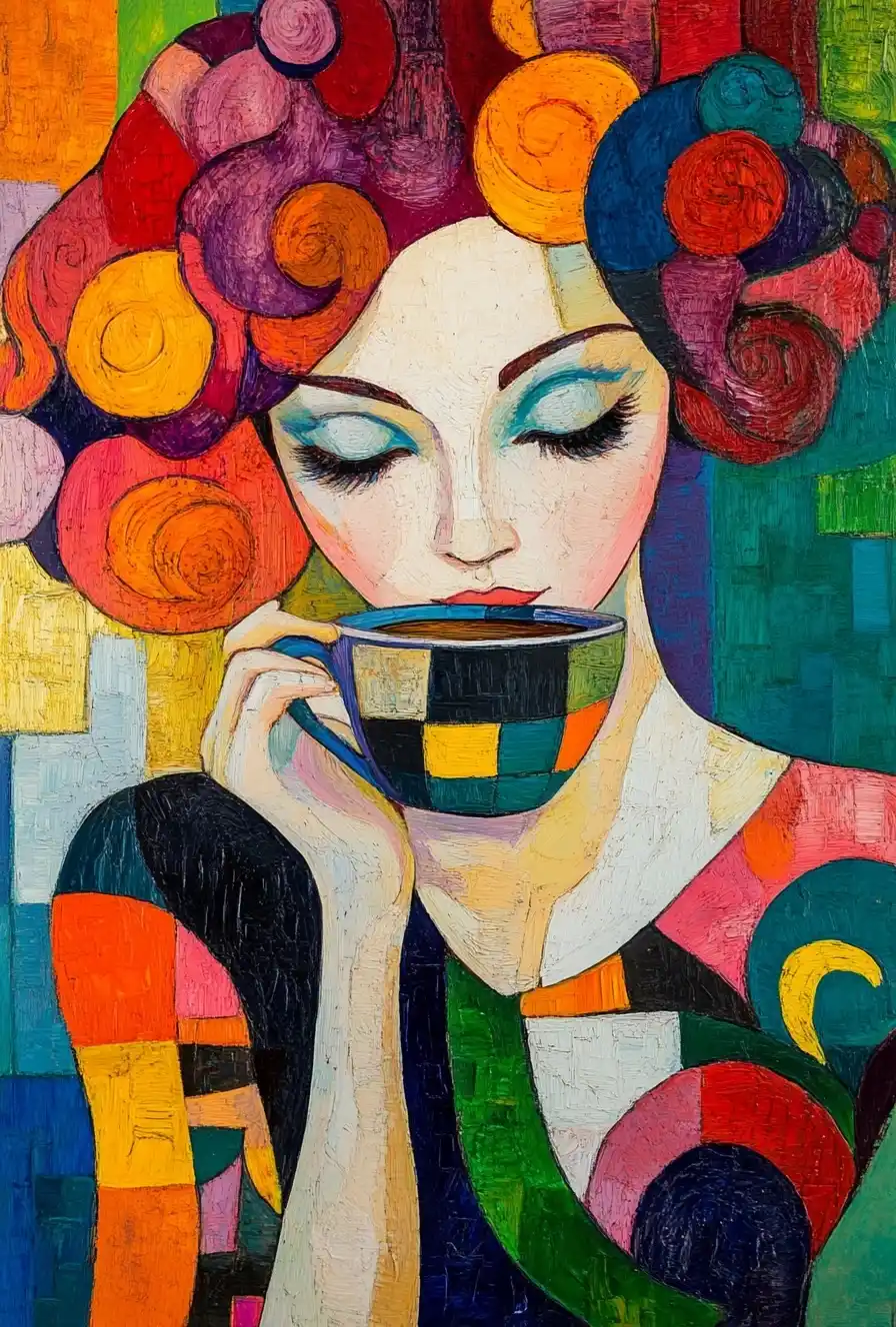 Colorful Woman with Coffee Midjourney提示词