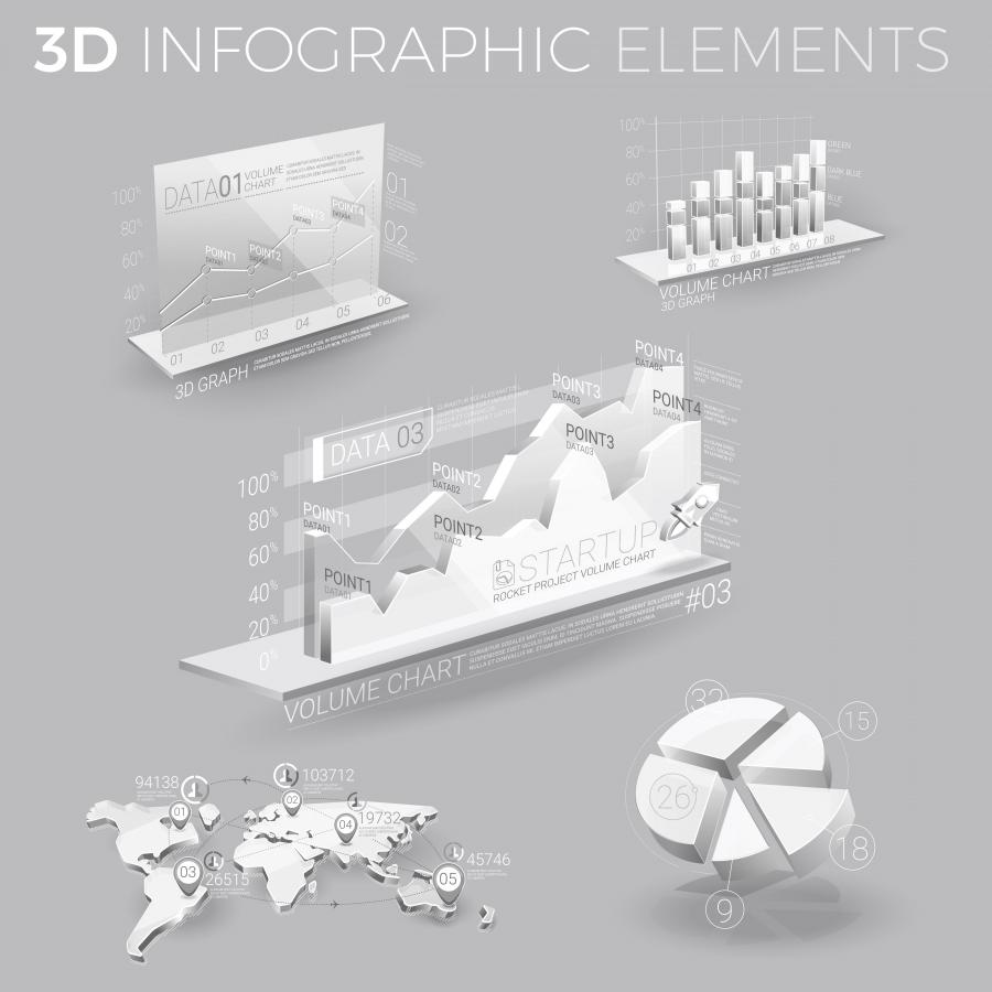 16套时尚高端3D立体白色信息图表插图插画大数据元素大集合