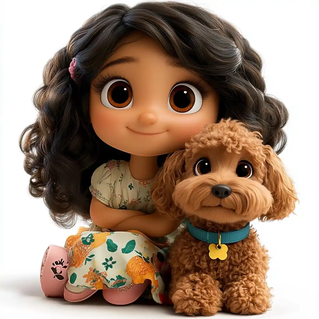 Curious Girl with Poodle Midjourney提示词