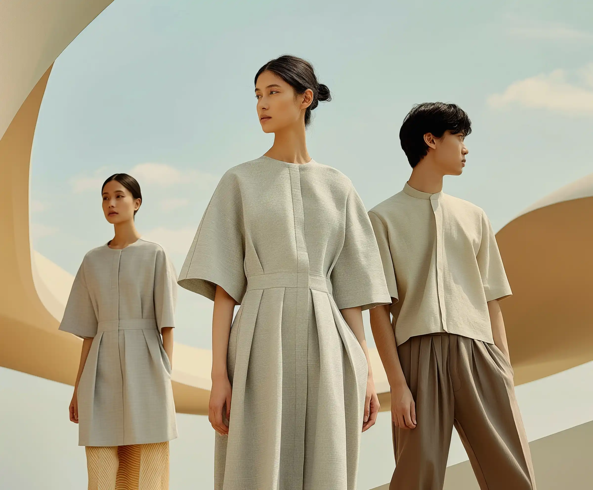 Linen-Clad Trio Beach Club Midjourney提示词