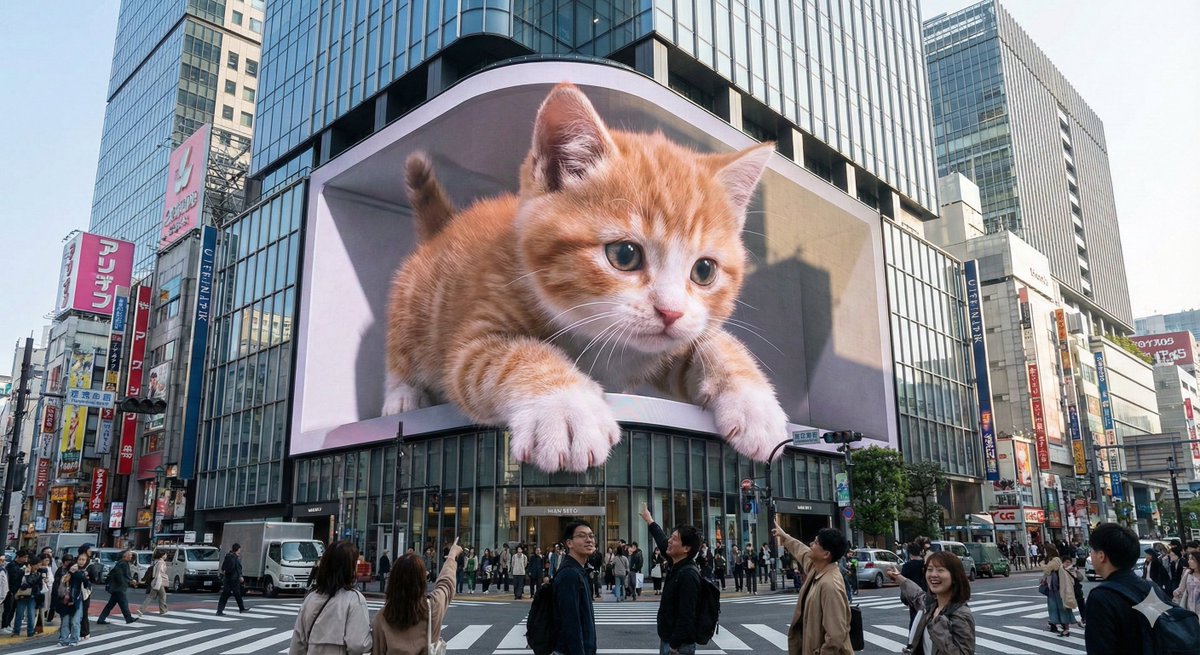 Giant 3D Kitten Billboard in Tokyo Cityscape - Shibuya Nano Banana提示词