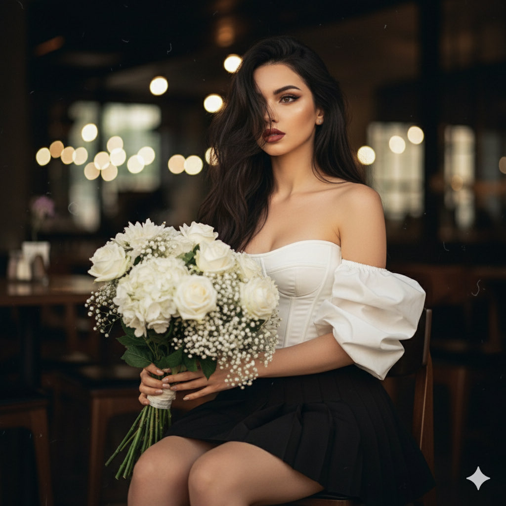 Photorealistic Portrait of Elegant Woman with White Rose Bouquet Nano Banana提示词