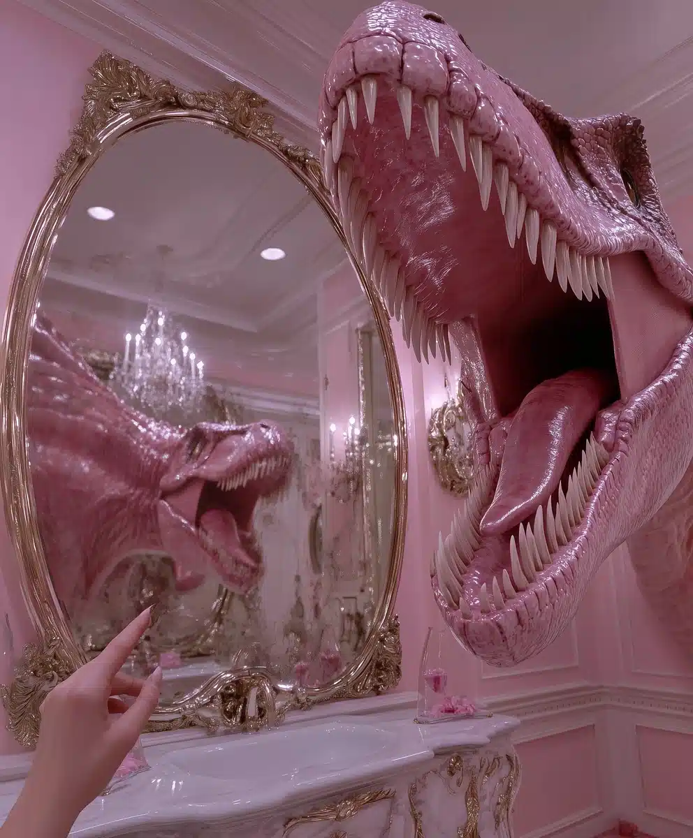 Surreal T-Rex Skull Display Midjourney提示词