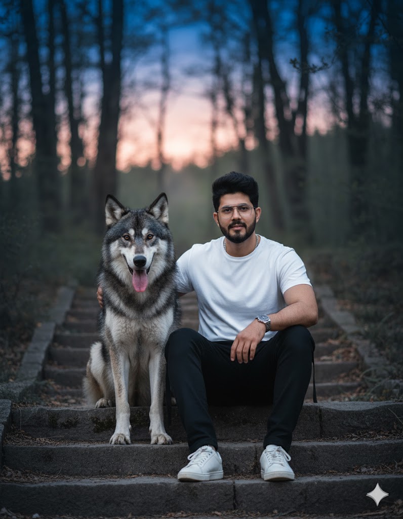 Man and Wolf-dog Portrait in Forest at Sunset Nano Banana提示词