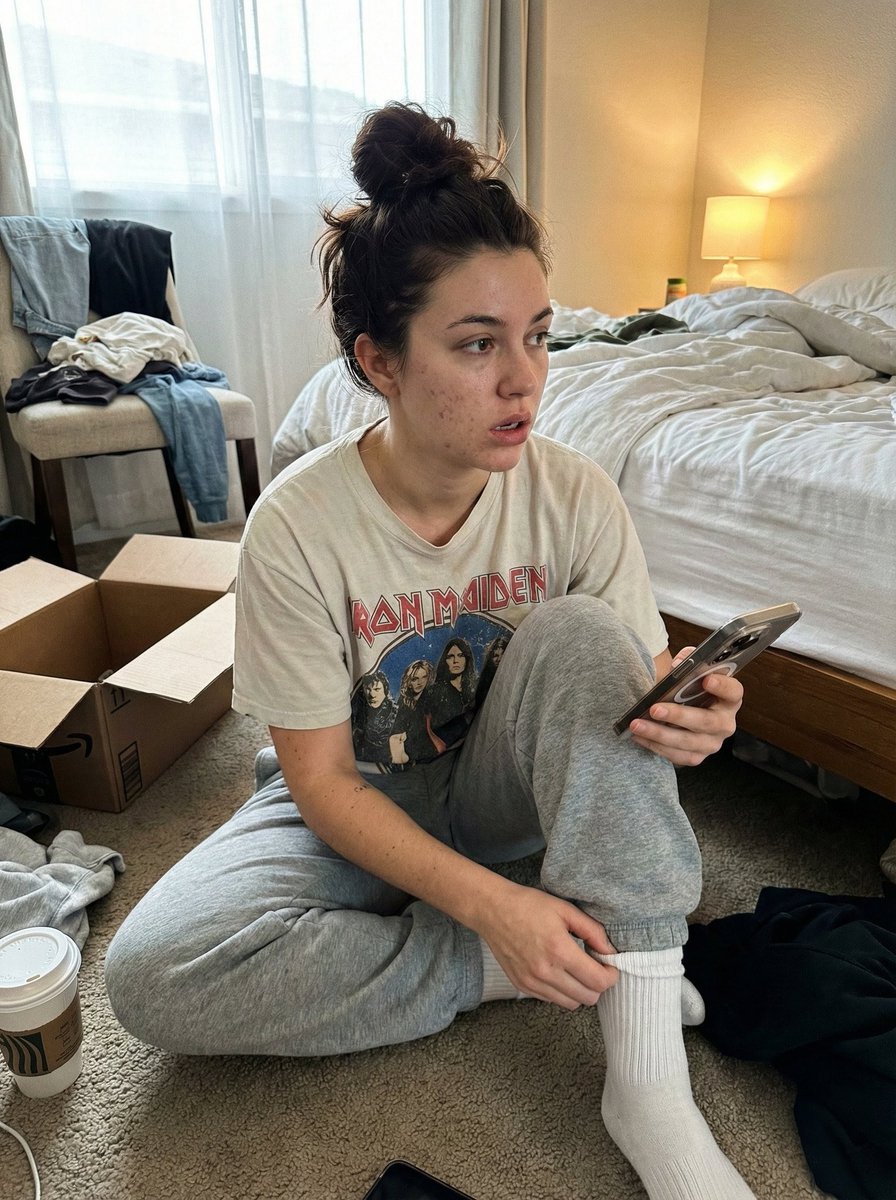 Young Woman Pensive in Casual Bedroom Setting with Phone Nano Banana提示词