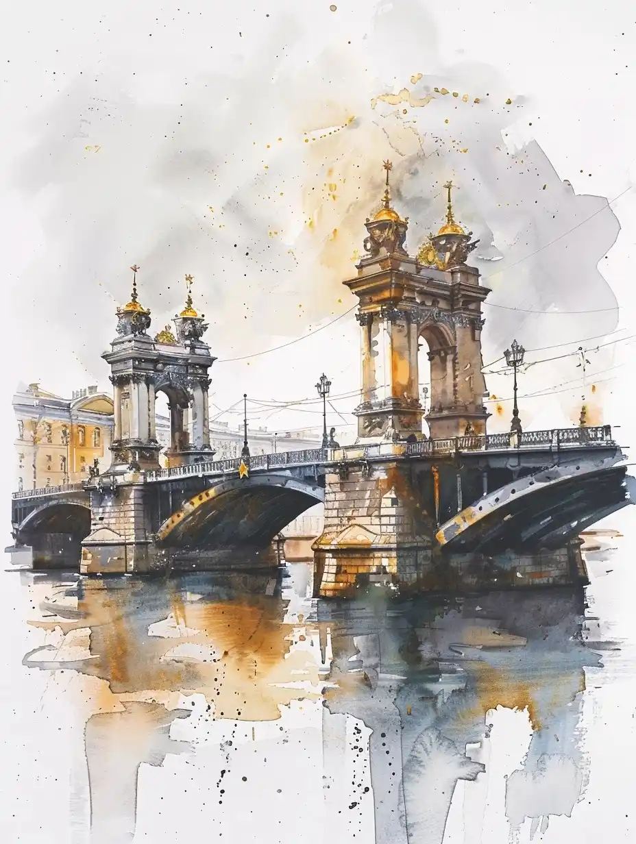 Watercolor St Petersburg Drawbridges Midjourney 提示词生成效果