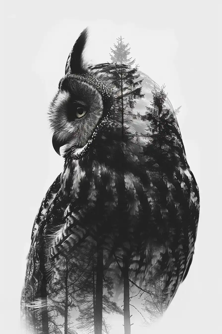 Double Exposure Owl Forest Midjourney提示词