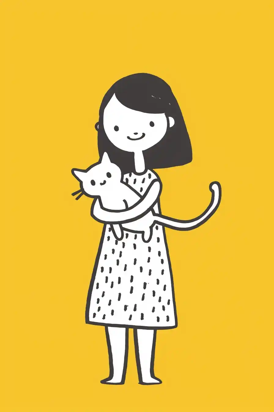 Doodle Girl with Kitten Midjourney提示词