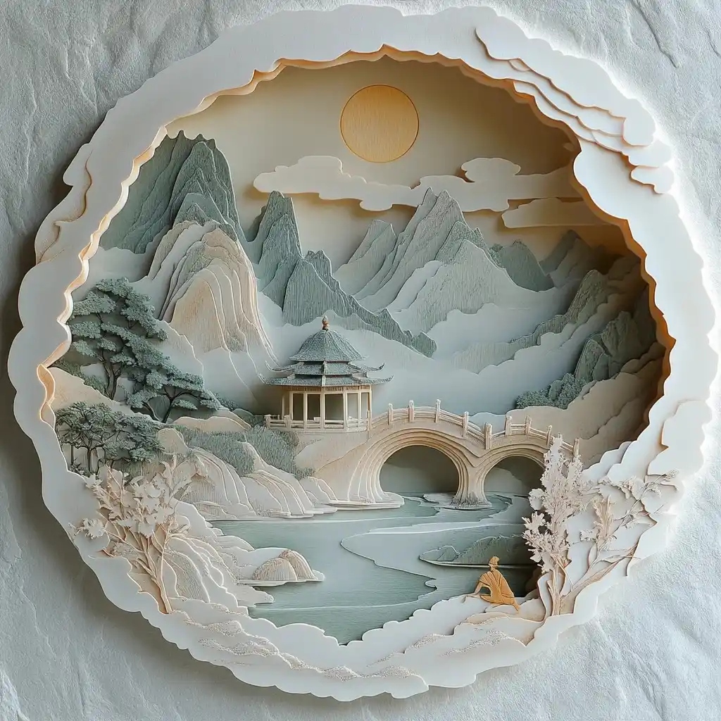 3D Paper-Cut Chinese Landscape Midjourney提示词